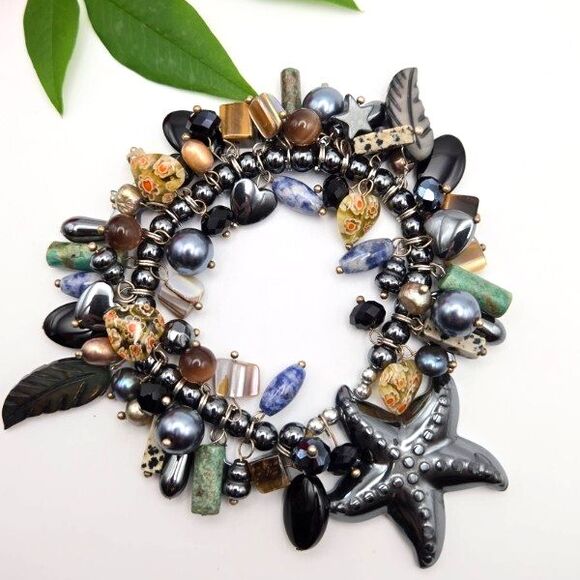 Handmade Stretch Bracelet Turquoise Pearl Shell Jasper Sodalite Millefiori Glass - Picture 1 of 6